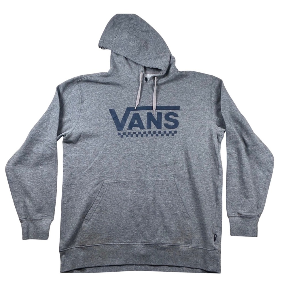 Vans Mens Hoodie Large Heather Grey Navy Blue Logo Checkerboard Pullover 1305
